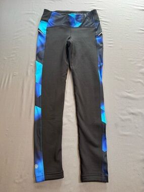 Athleta Rainier Black Leggings with Blue Accent Panels Size S Fleece Lined